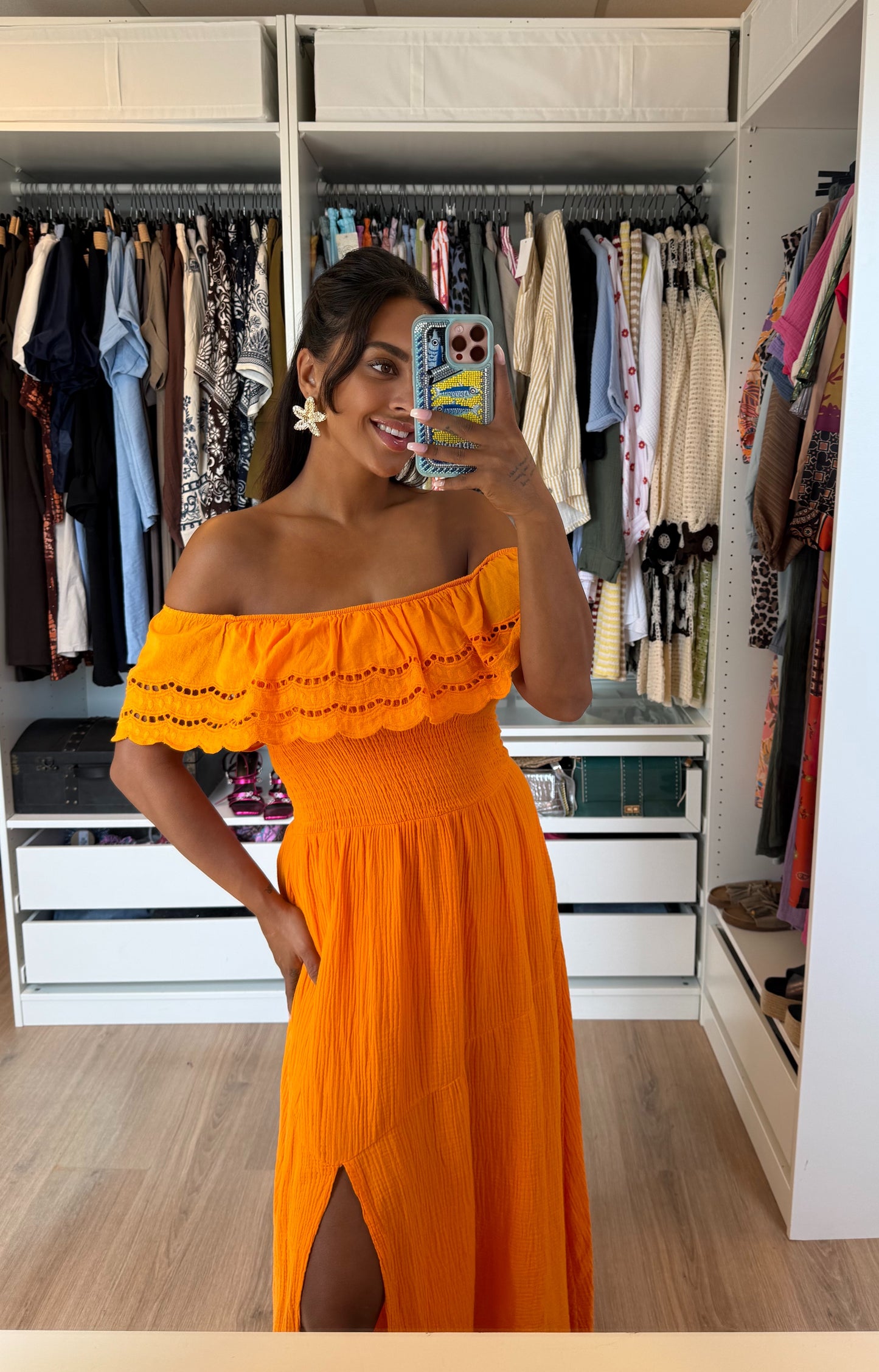 Mousseline maxi jurk met split oranje
