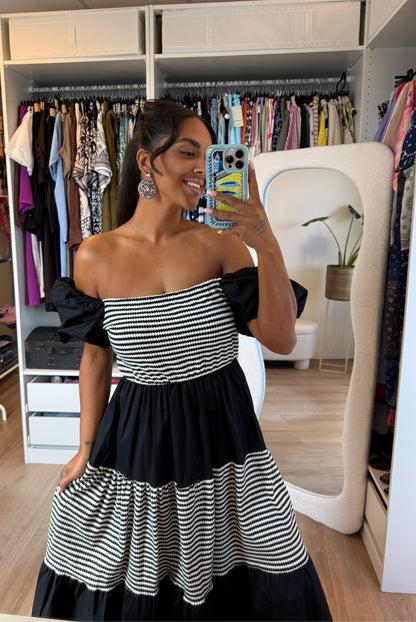 Maxi jurk off shoulder zwart & wit