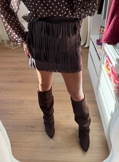 Suede look fringe skort choco brown