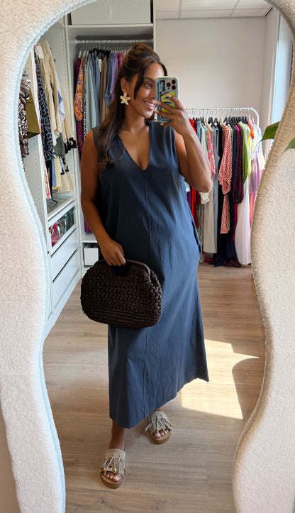 Viscose maxi jurk met vhals & zakken donkerblauw