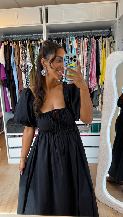 Katoenen maxi jurk met pofmouwen zwart