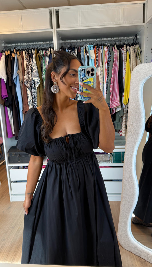 Katoenen maxi jurk met pofmouwen zwart