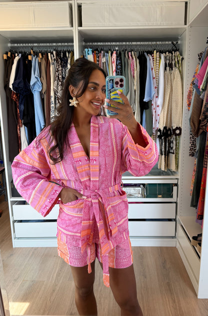 Tweedelige set met kimono en short roze & oranje