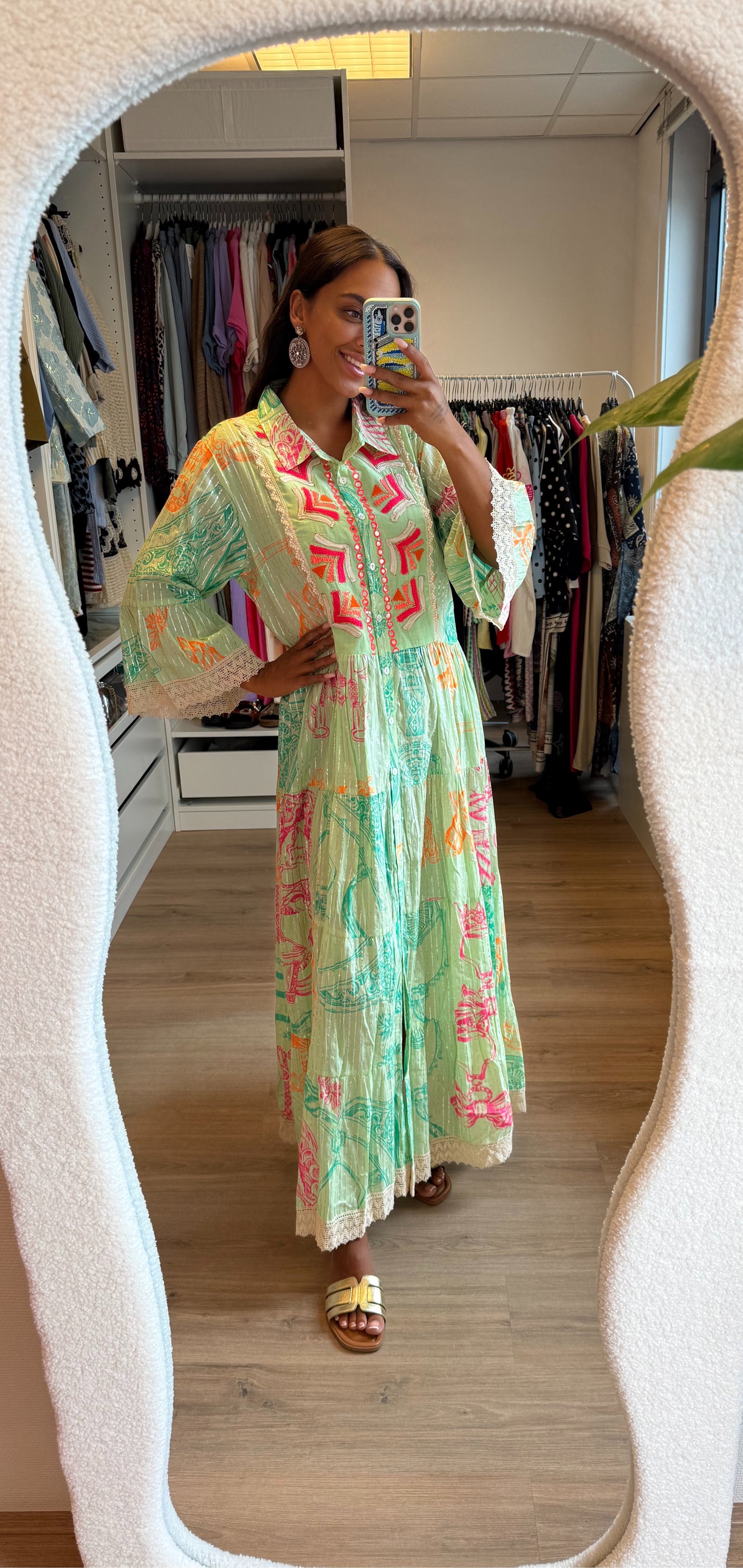 Maxi jurk boho print kleurrijk mintgroen