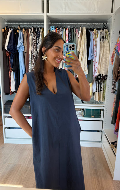 Viscose maxi jurk met vhals & zakken donkerblauw