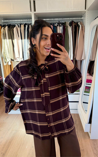 Ruit blouse met strik choco bruin & camel