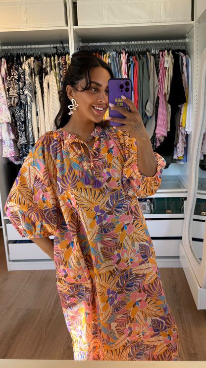 Maxi jurk met print oranje & paars