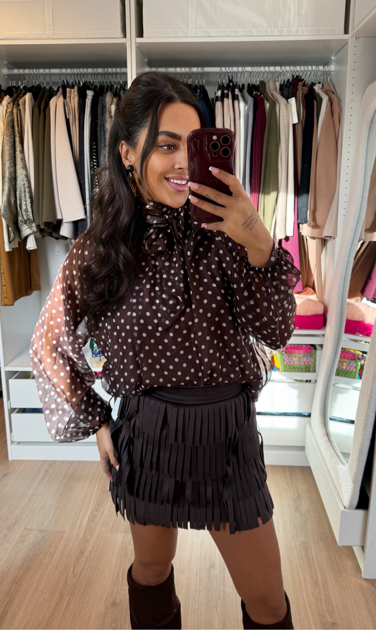 Suede look fringe skort choco brown