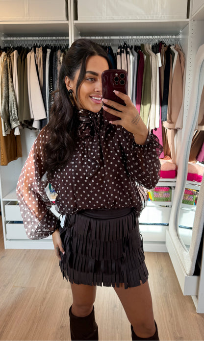 Suede look fringe skort choco brown