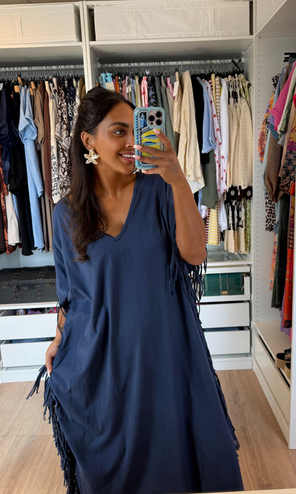 Maxi fringe jurk donkerblauw