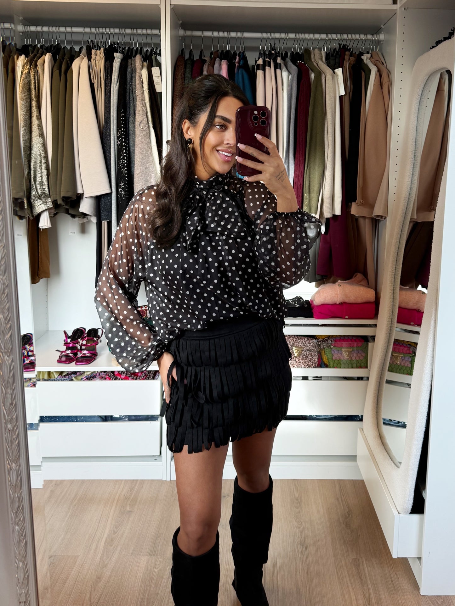 Suede look fringe skort black