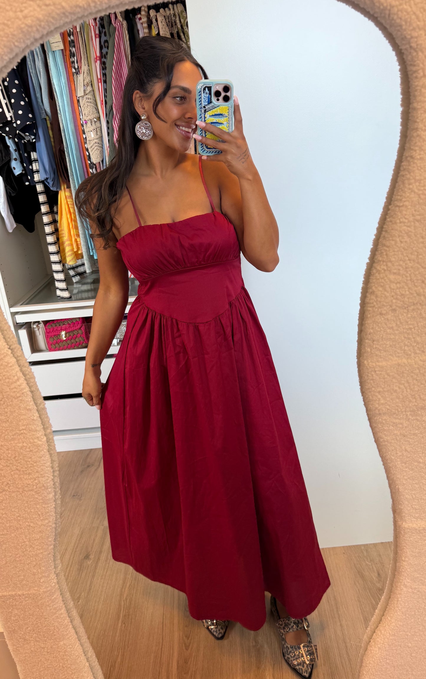 Katoenen midi jurk met empire taille bordeaux