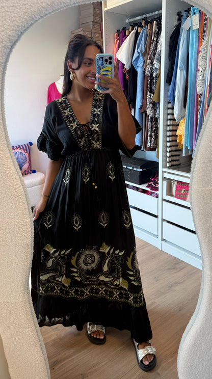 Maxi jurk boho met borduursels zwart & groen