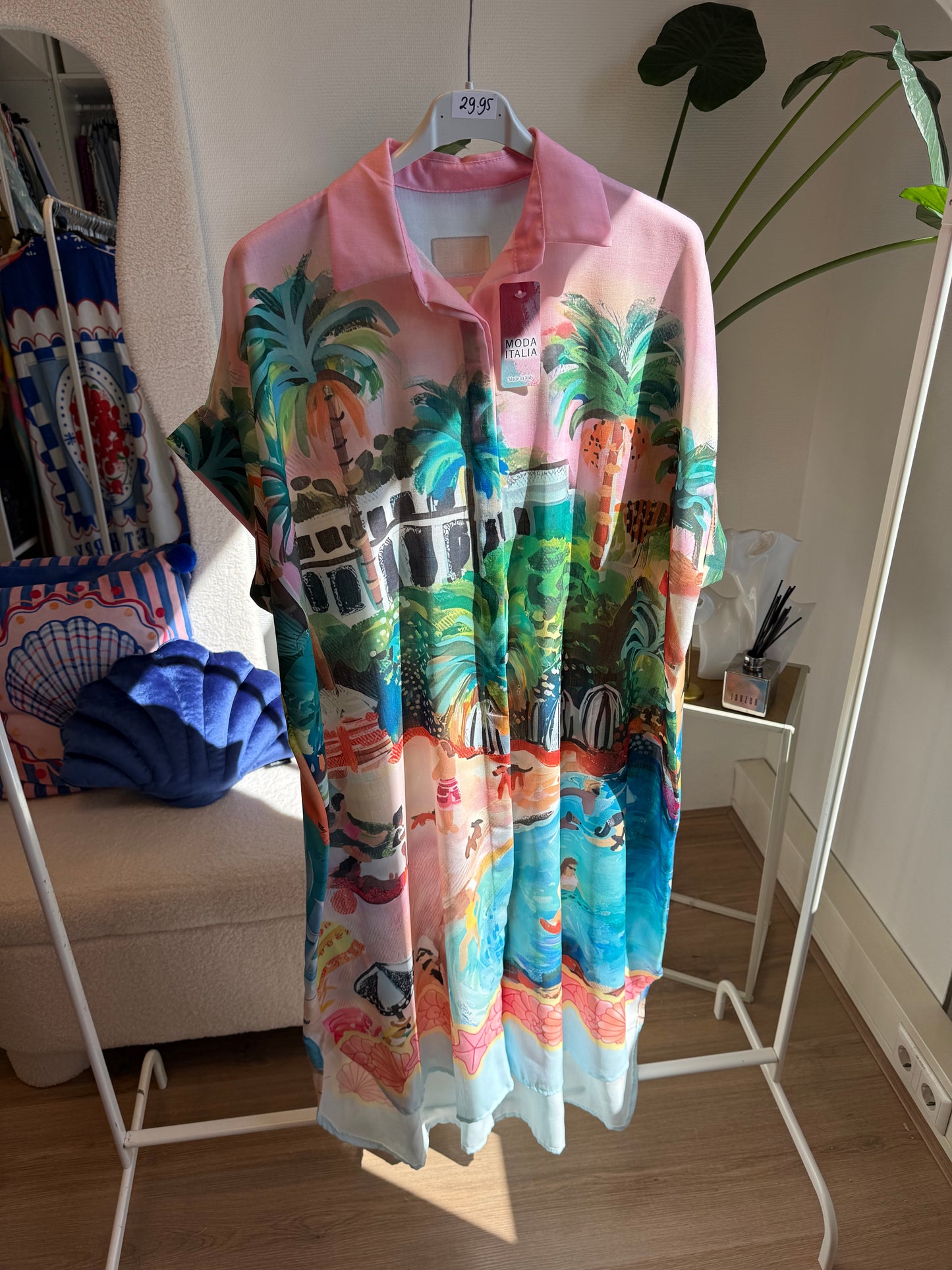 Midi linnen jurk dolce vita print lichtroze