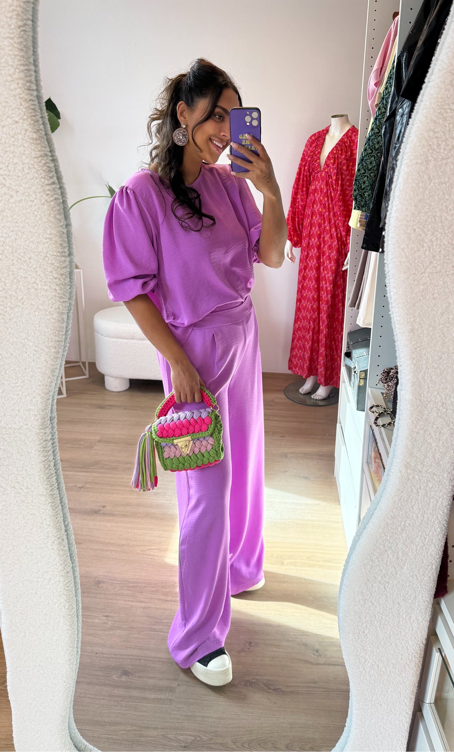 Olivia gevlochten tas lime & pink
