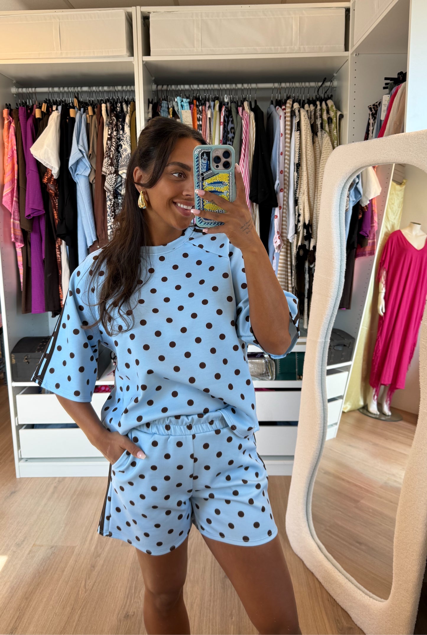 Tweedelige set met polka dot lichtblauw