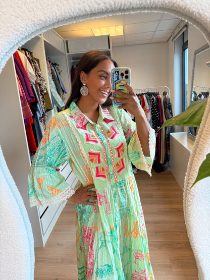 Maxi jurk boho print kleurrijk mintgroen