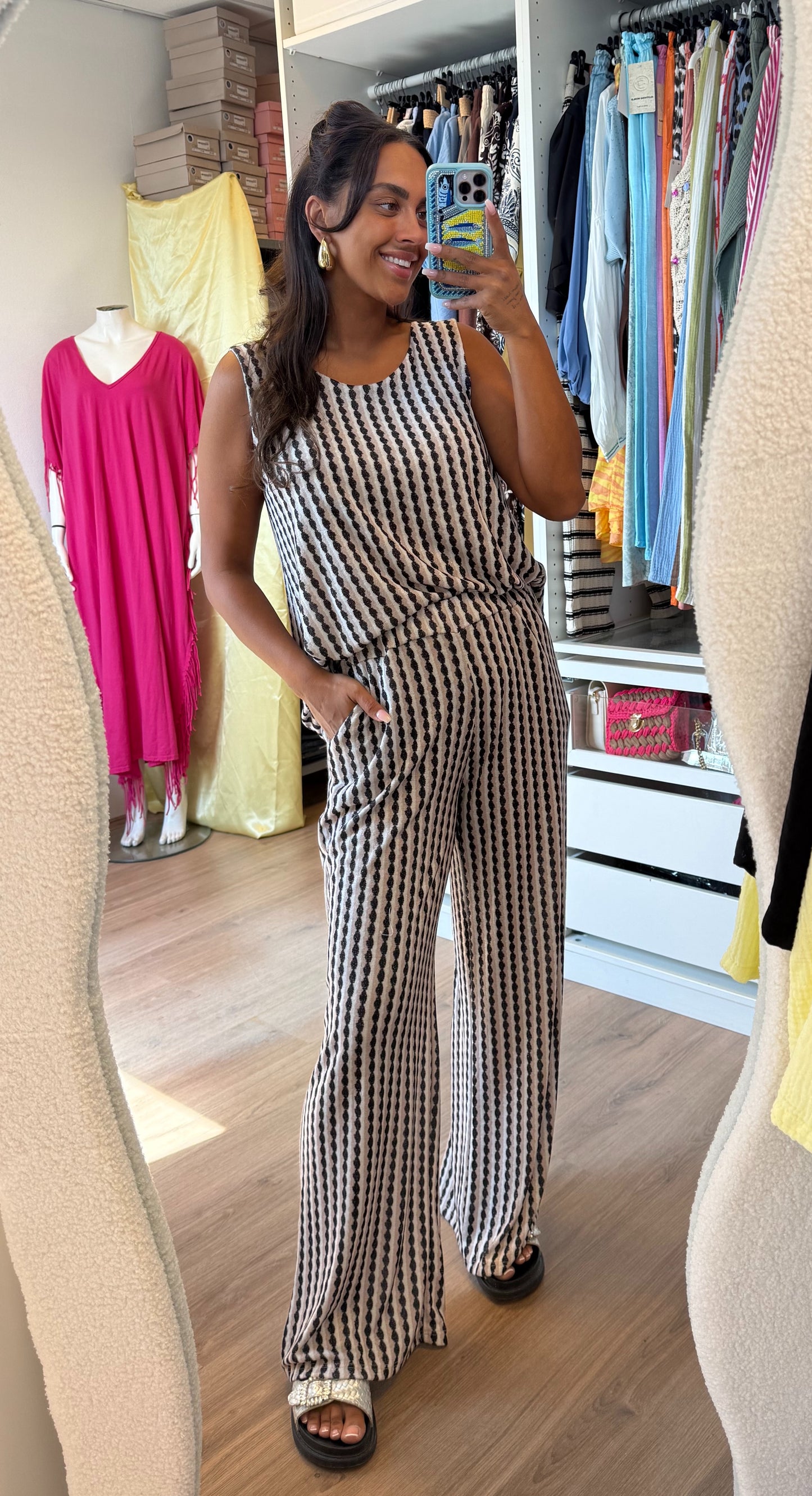 Tweedelige set shiny met print beige & zwart