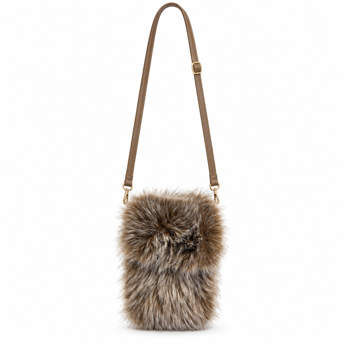 Faux fur telefoon tas bruin/wit met bruine strap
