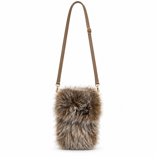 Faux fur telefoon tas bruin/wit met bruine strap