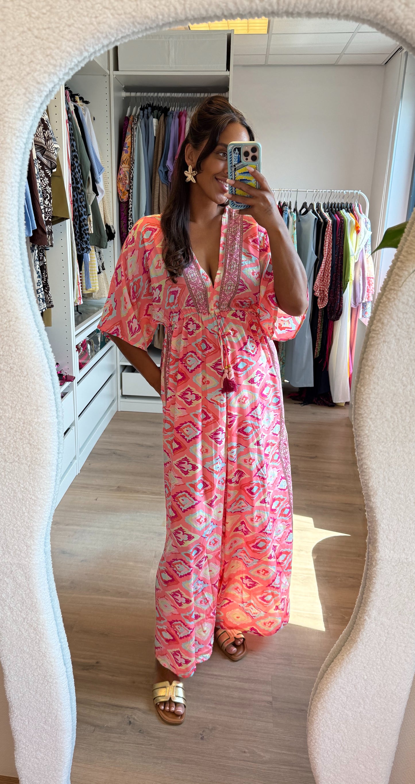 Boho jumpsuit roze met gouden details