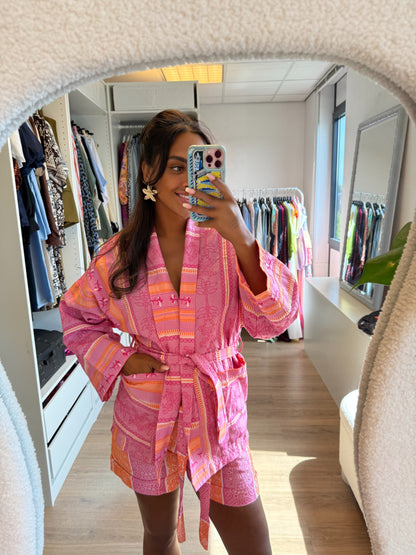 Tweedelige set met kimono en short roze & oranje