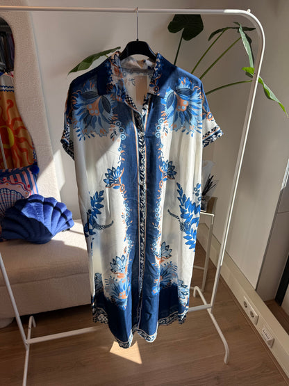 Midi linnen jurk dolce vita print blauw & wit