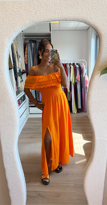 Mousseline maxi jurk met split oranje