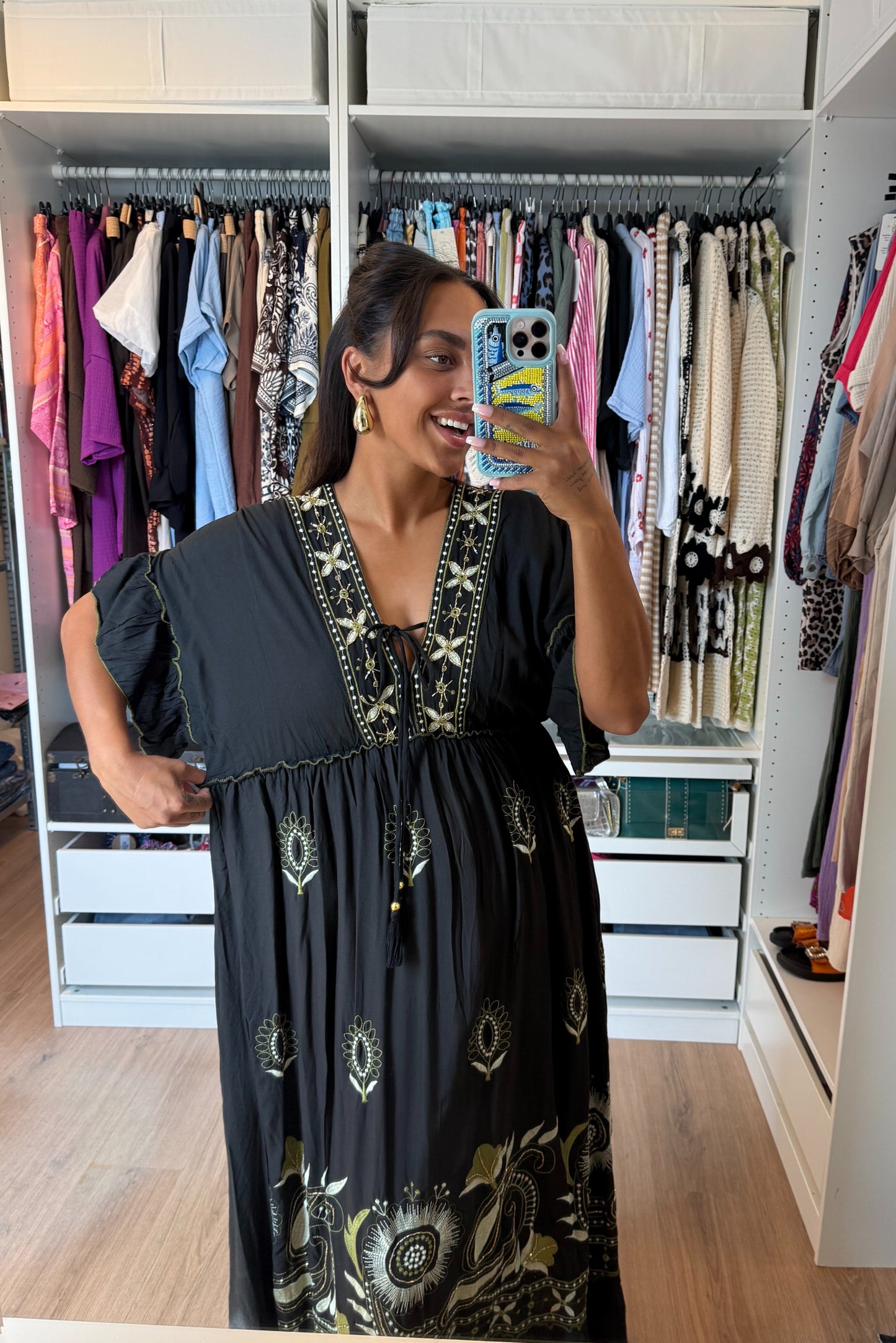 Maxi jurk boho met borduursels zwart & groen