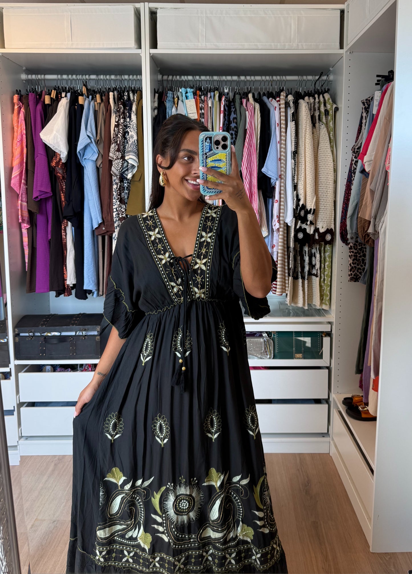 Maxi jurk boho met borduursels zwart & groen