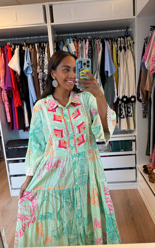 Maxi jurk boho print kleurrijk mintgroen