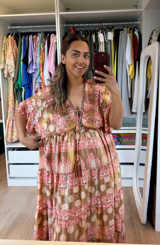 Boho maxi dress pink & brown