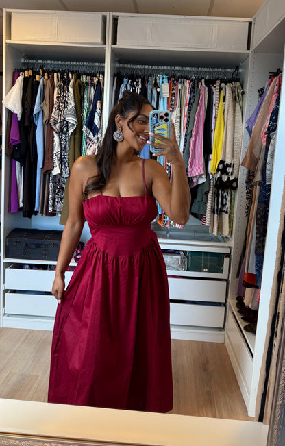 Katoenen midi jurk met empire taille bordeaux