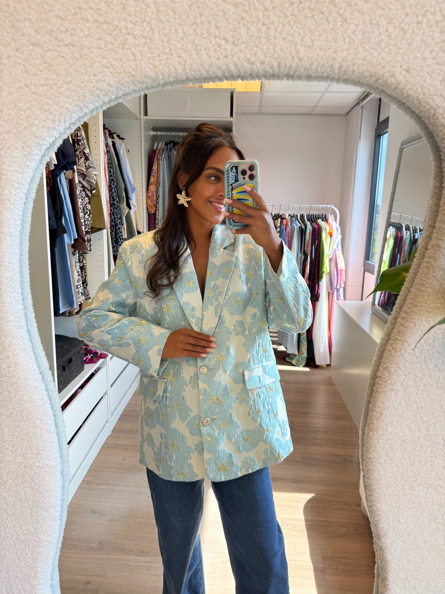 Blazer van jacquard met bloemenprint lichtblauw & goud