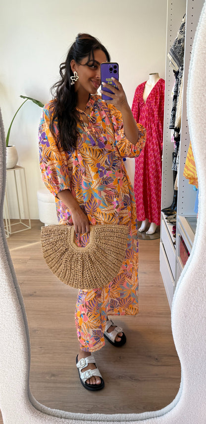Maxi jurk met print oranje & paars