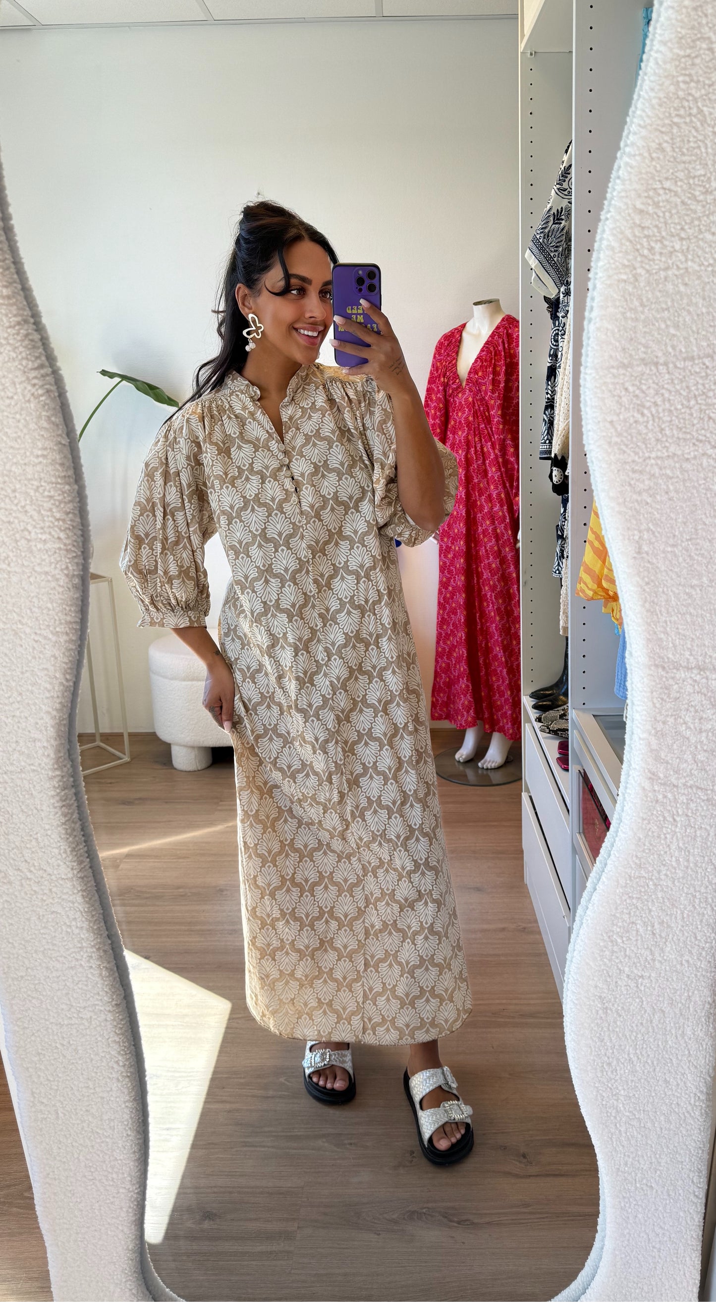 Maxi jurk met boho print beige
