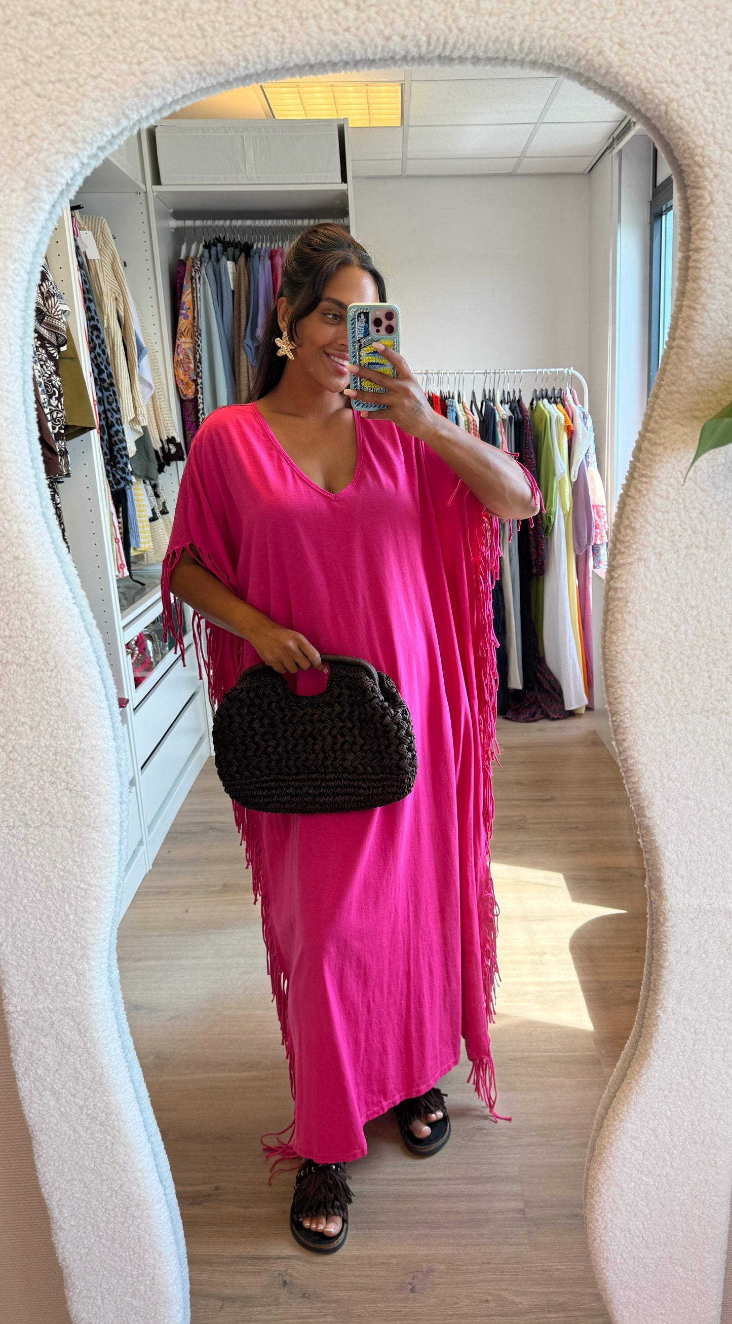 Maxi fringe jurk roze
