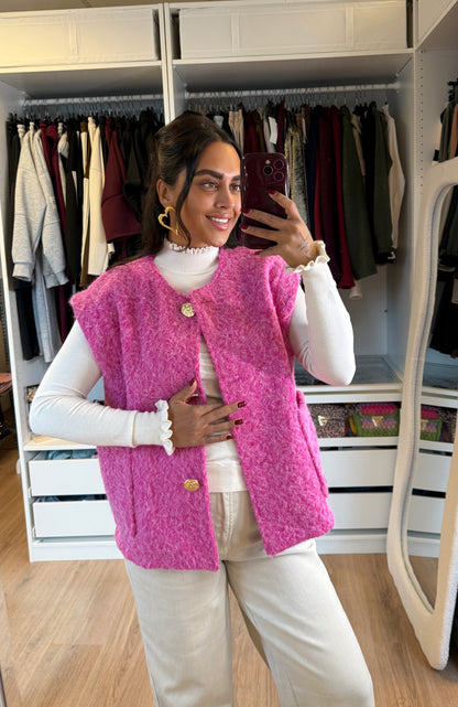Gigi golden button gilet hot pink