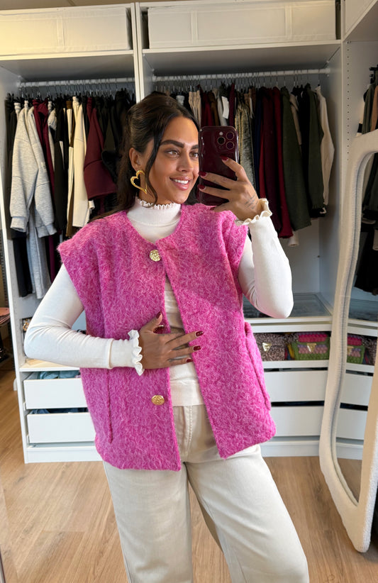 Gigi golden button gilet hot pink