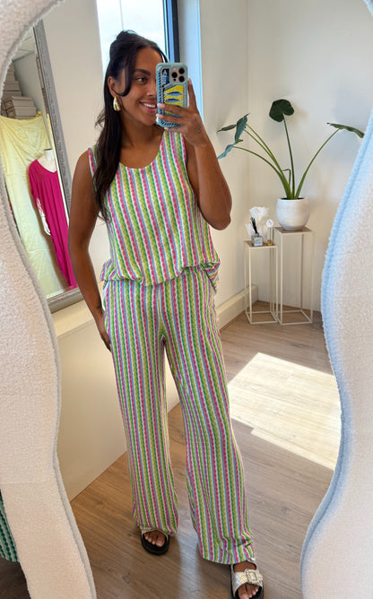 Tweedelige set shiny met print roze & groen