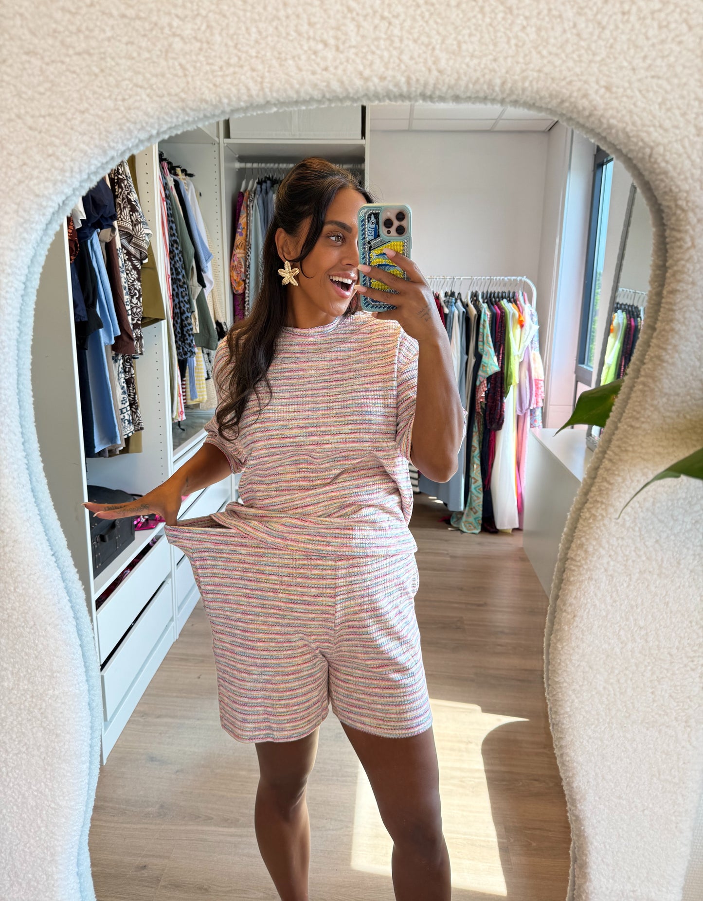 Tweedelige set shirt & short met streepprint roze