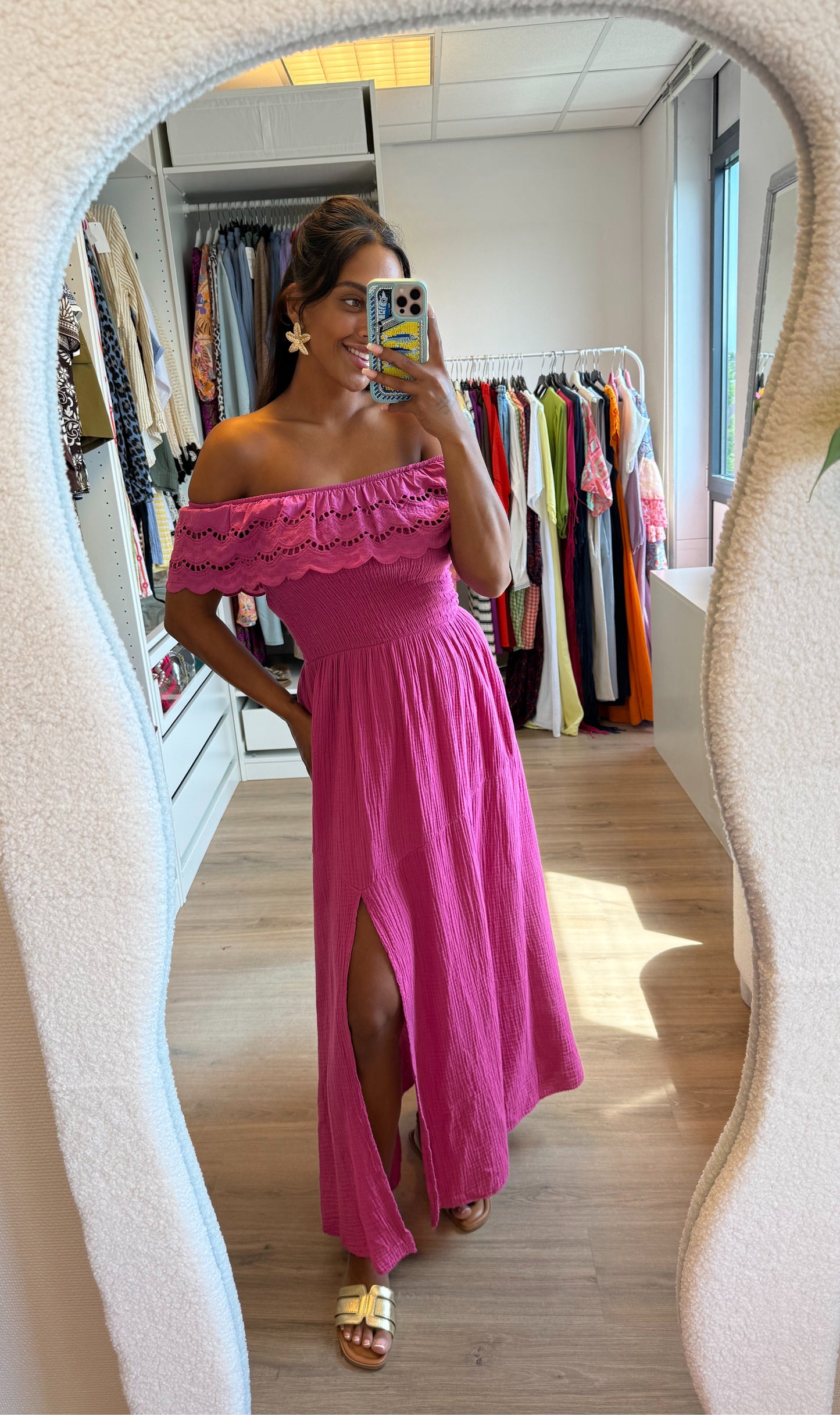 Mousseline maxi jurk met split magenta