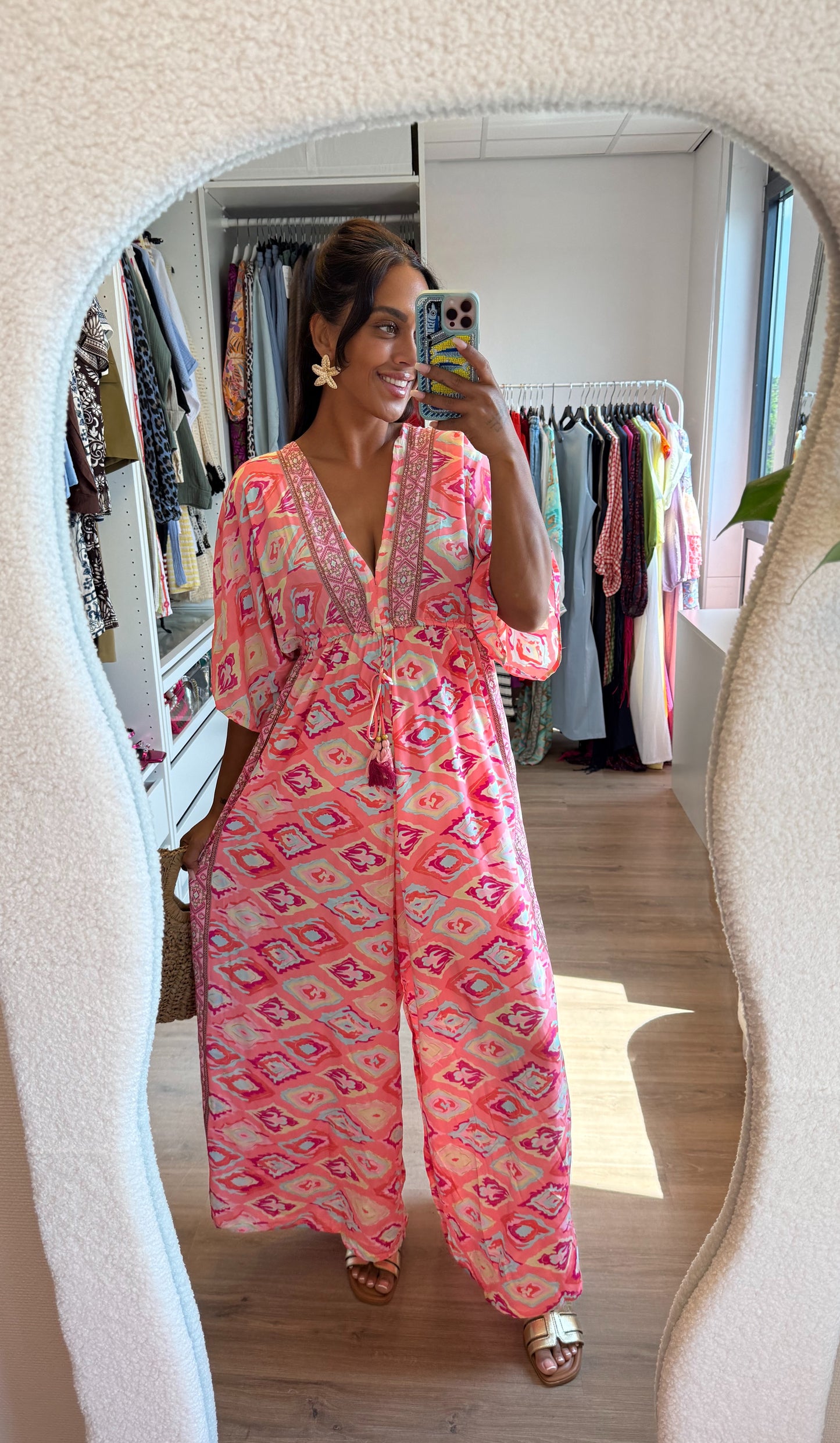 Boho jumpsuit roze met gouden details