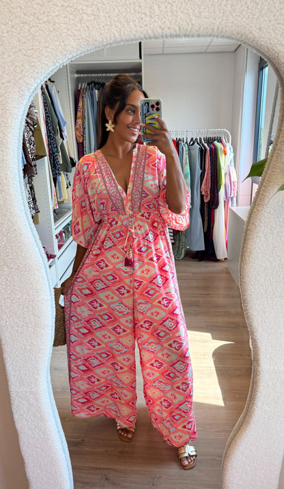 Boho jumpsuit roze met gouden details