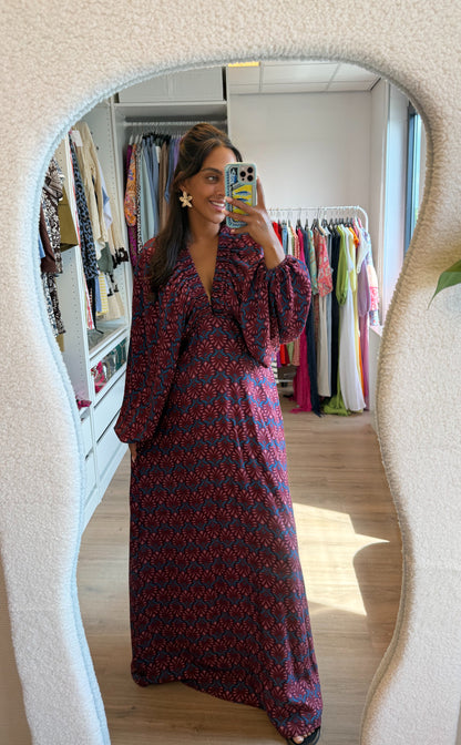 Maxi jurk met print & ballonmouwen roze & blauw