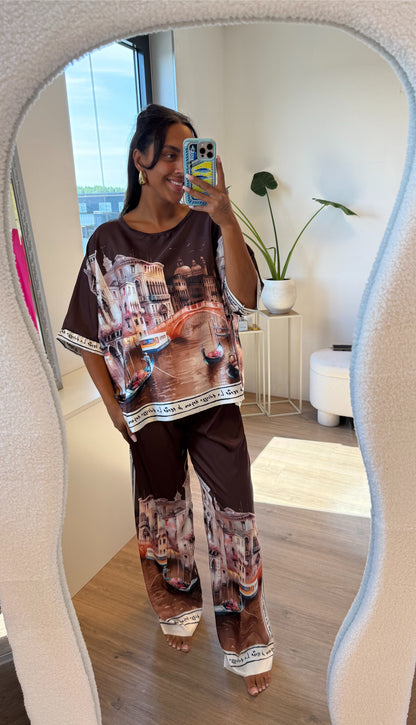 Tweedelige satijn set dolce vita choco bruin