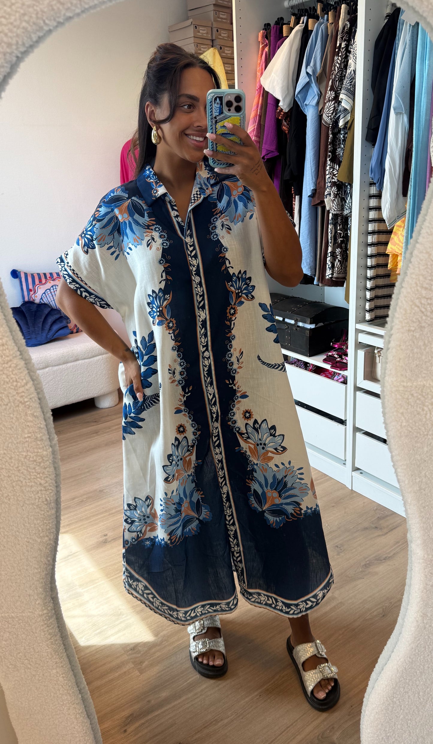 Midi linnen jurk dolce vita print blauw & wit