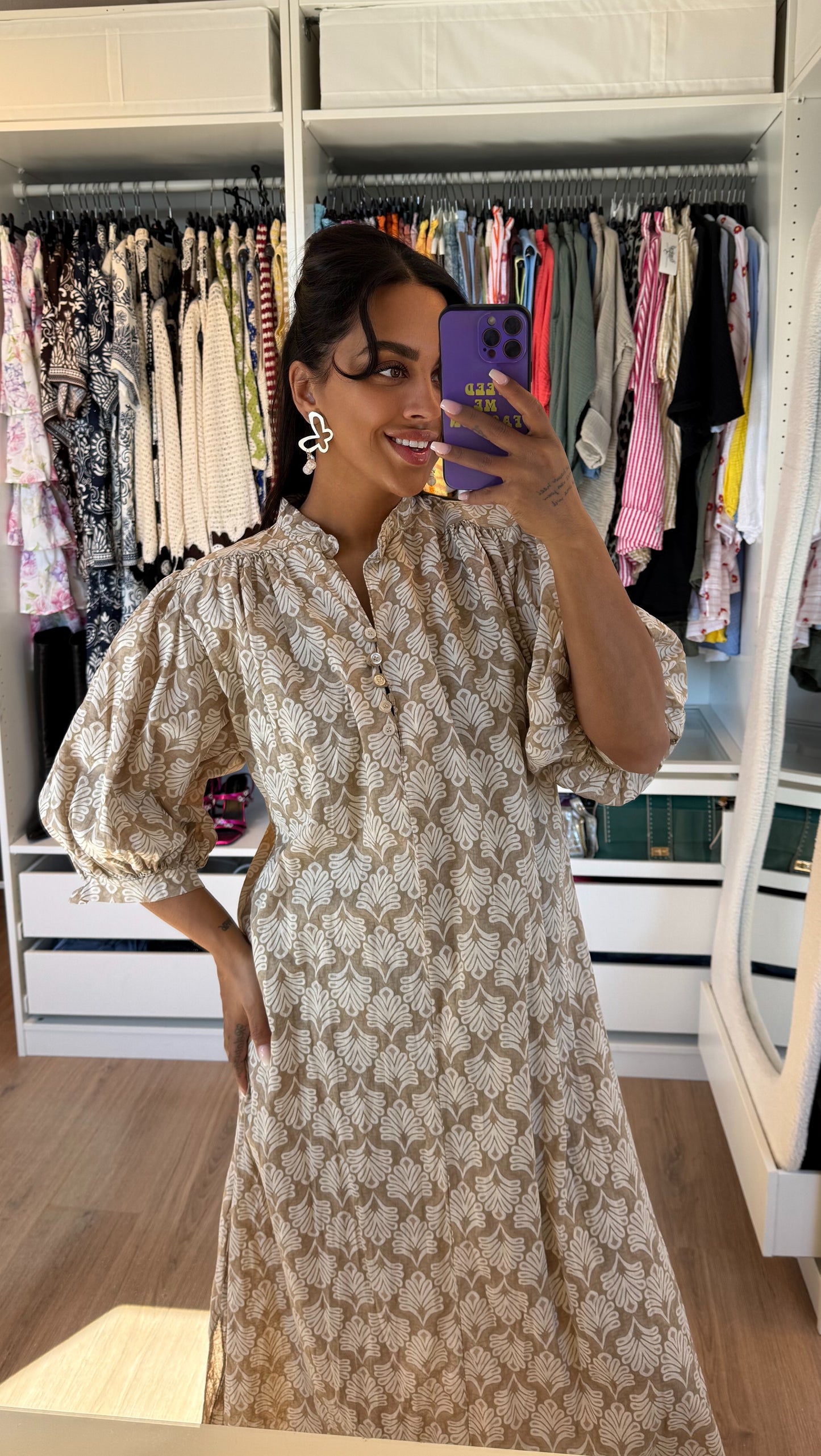 Maxi jurk met boho print beige