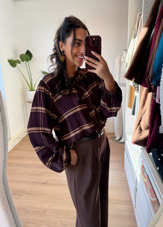 Ruit blouse met strik choco bruin & camel