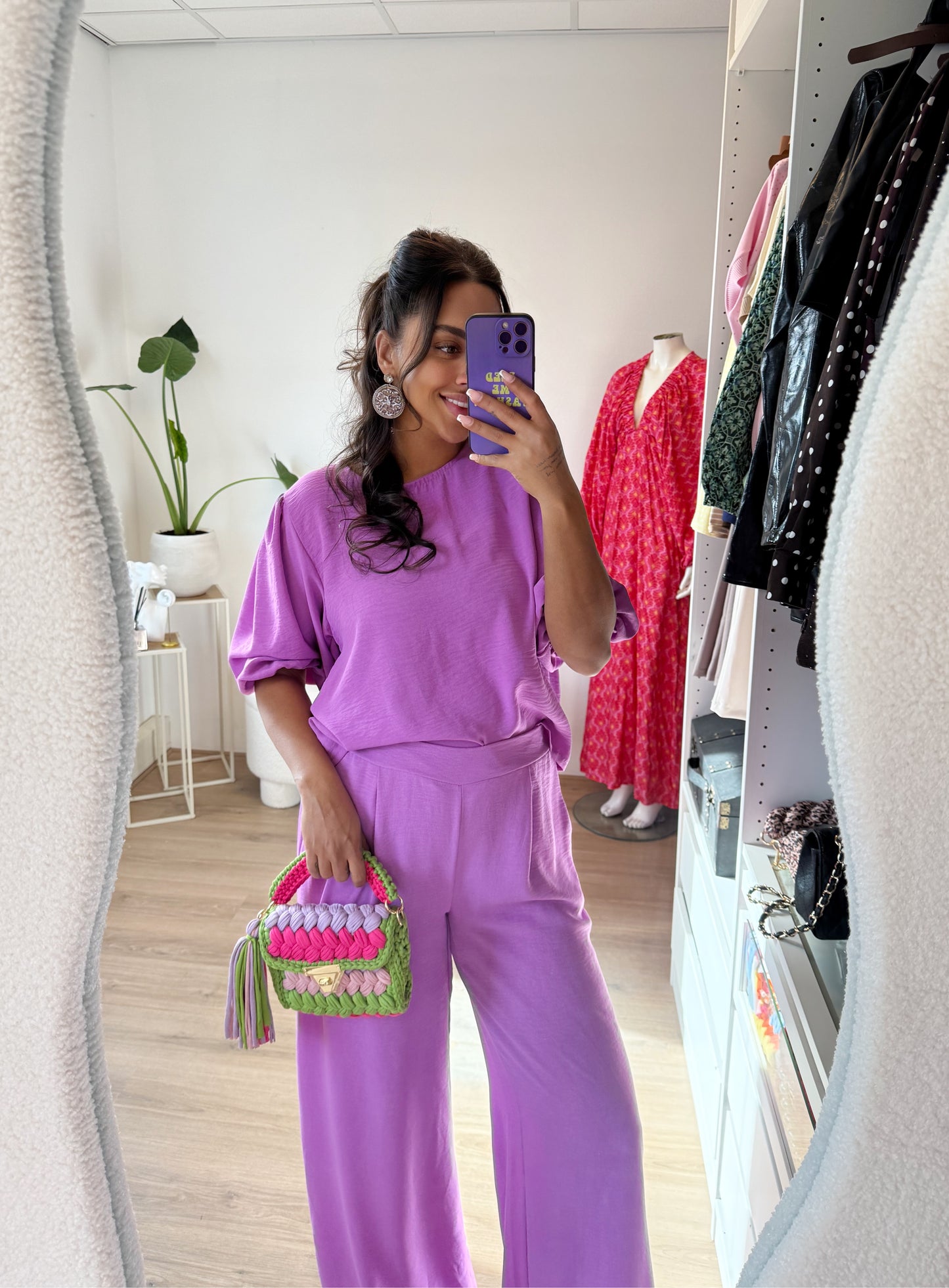 Olivia gevlochten tas lime & pink